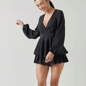 Black Floral Textured Long Sleeve Romper